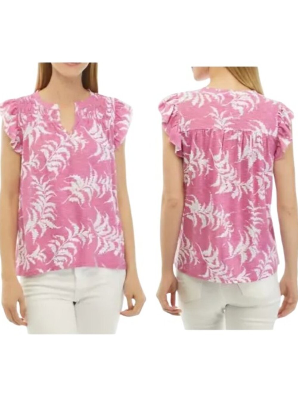 Wonderly Plus Pink Smock Blouse Fern Print Cotton Blend Tropical Ruffle